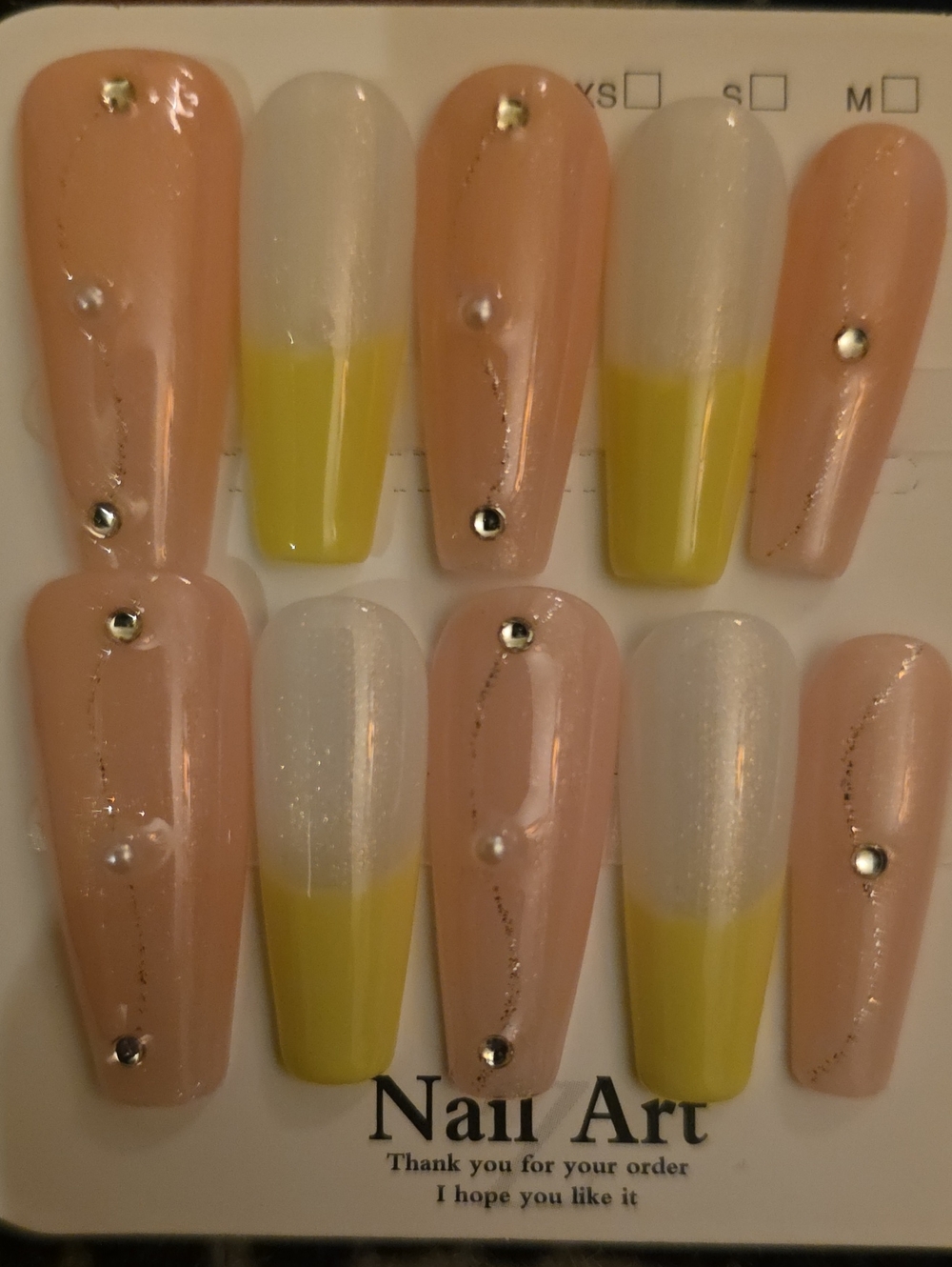 Nude & Yellow French Tip Press-On Nails with Rhinestones Size Large